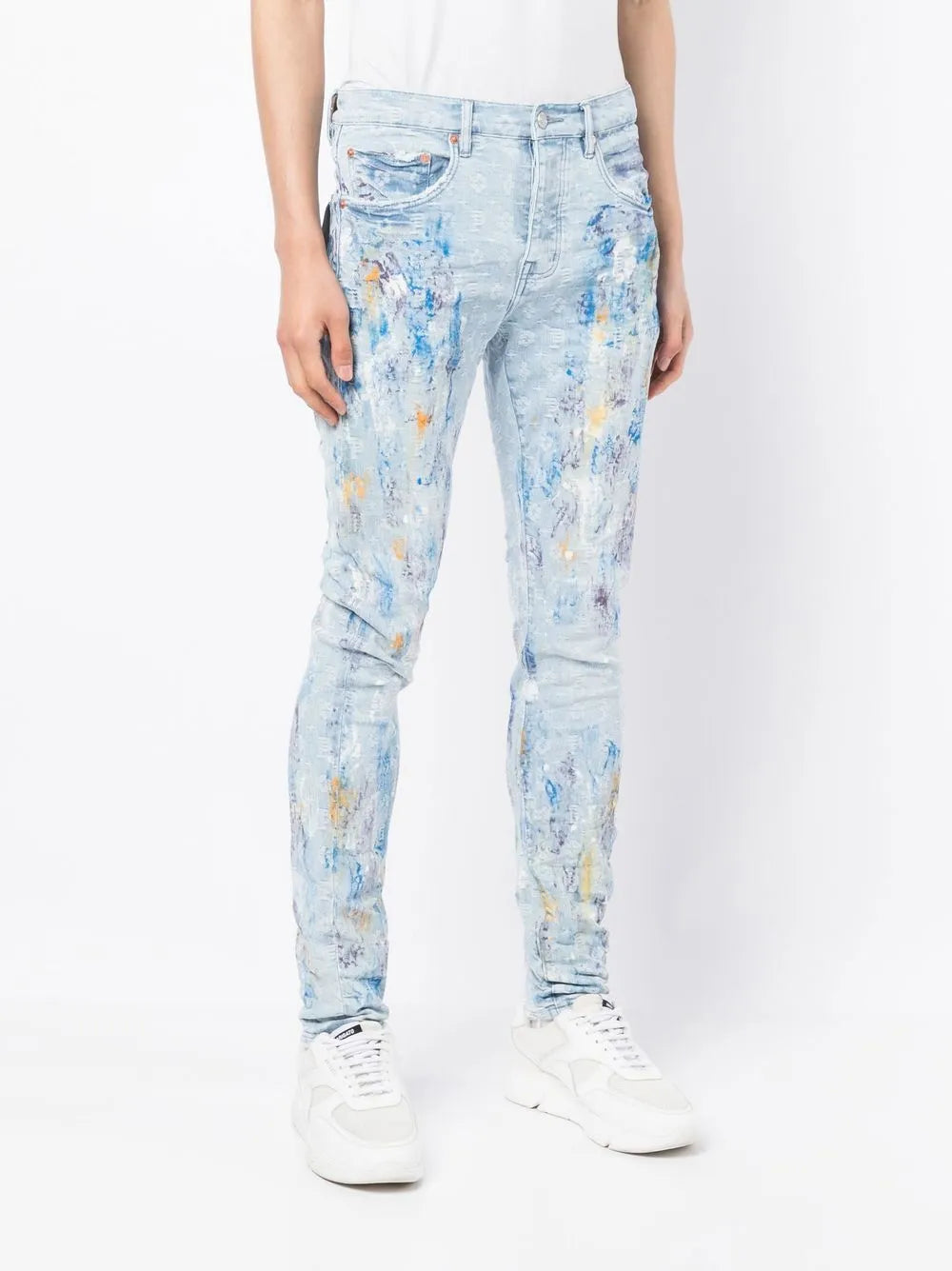 Purple Brand Blue Paint-Splatter Monogram Skinny Jeans