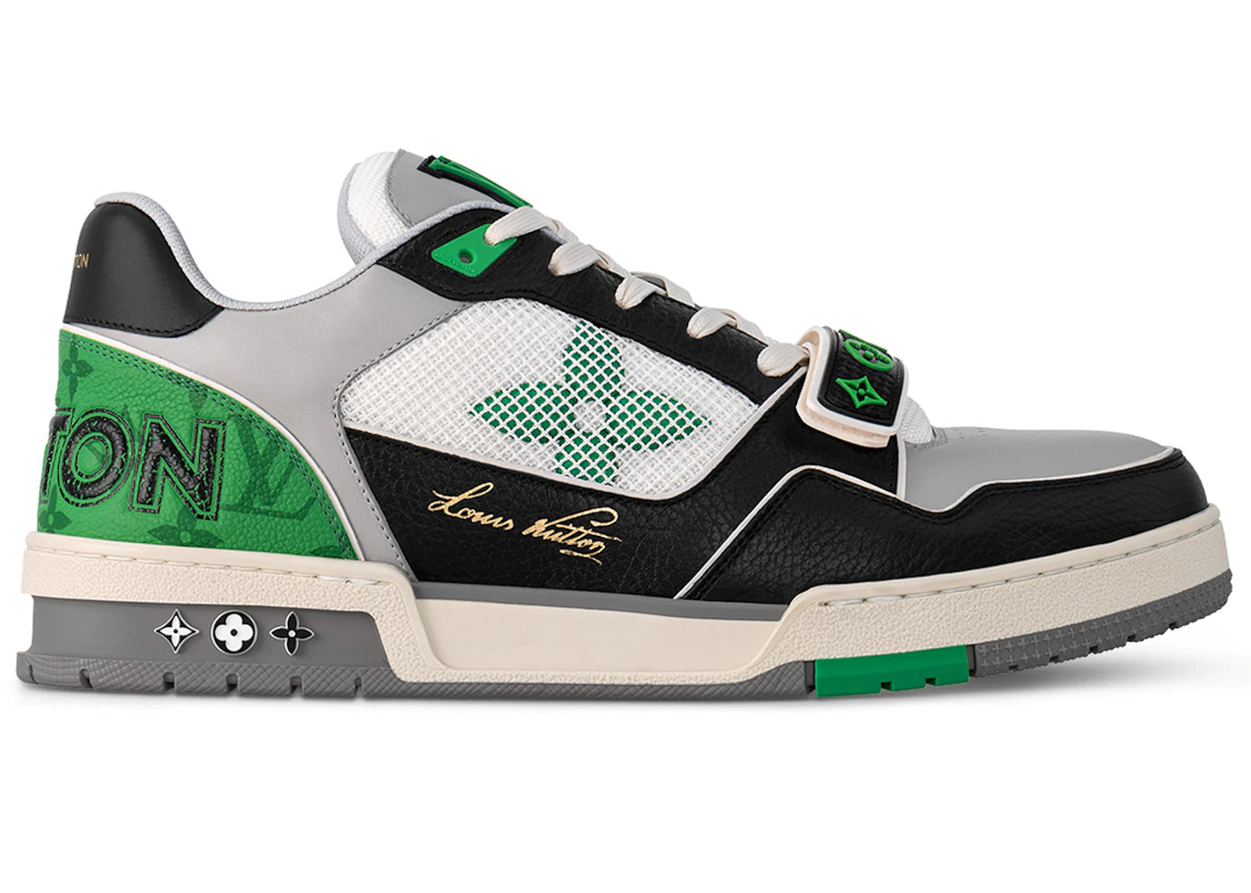 Louis Vuitton LV Trainer Monogram strap Black White Green (PRE-OWNED)(NOBOX)