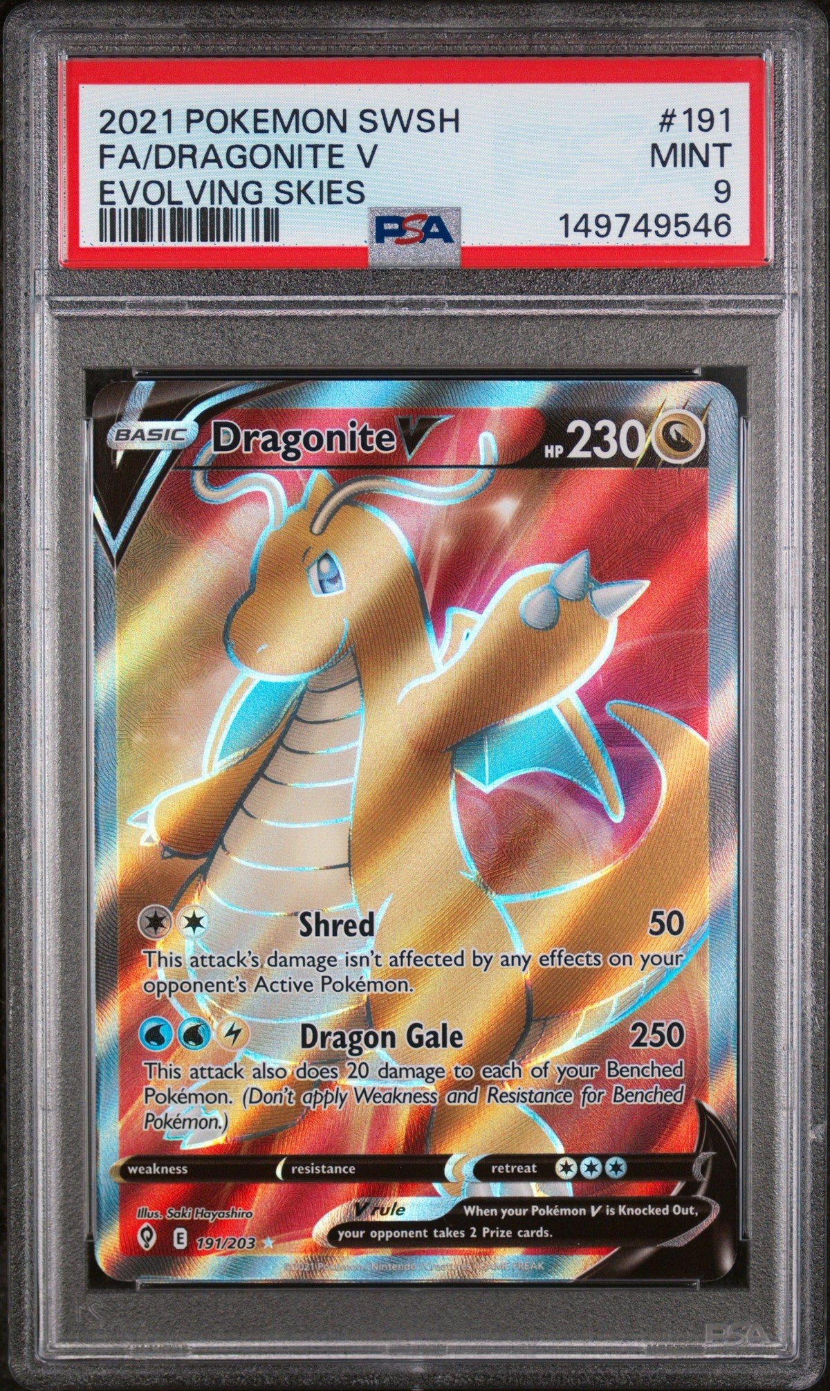2021 Pokemon Sword & Shield Evolving Skies 191 Full Art/dragonite V PSA 9
