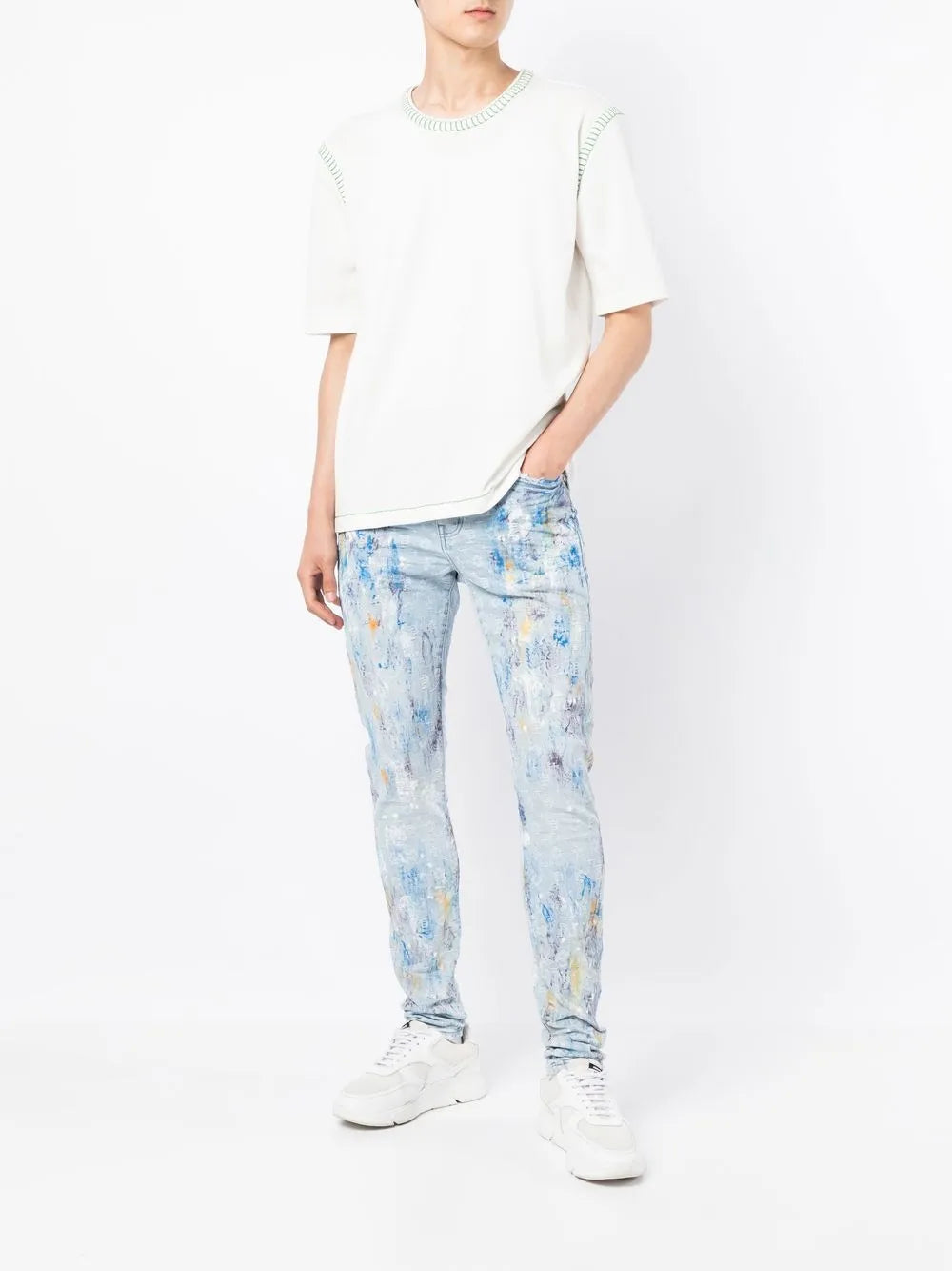 Purple Brand Blue Paint-Splatter Monogram Skinny Jeans
