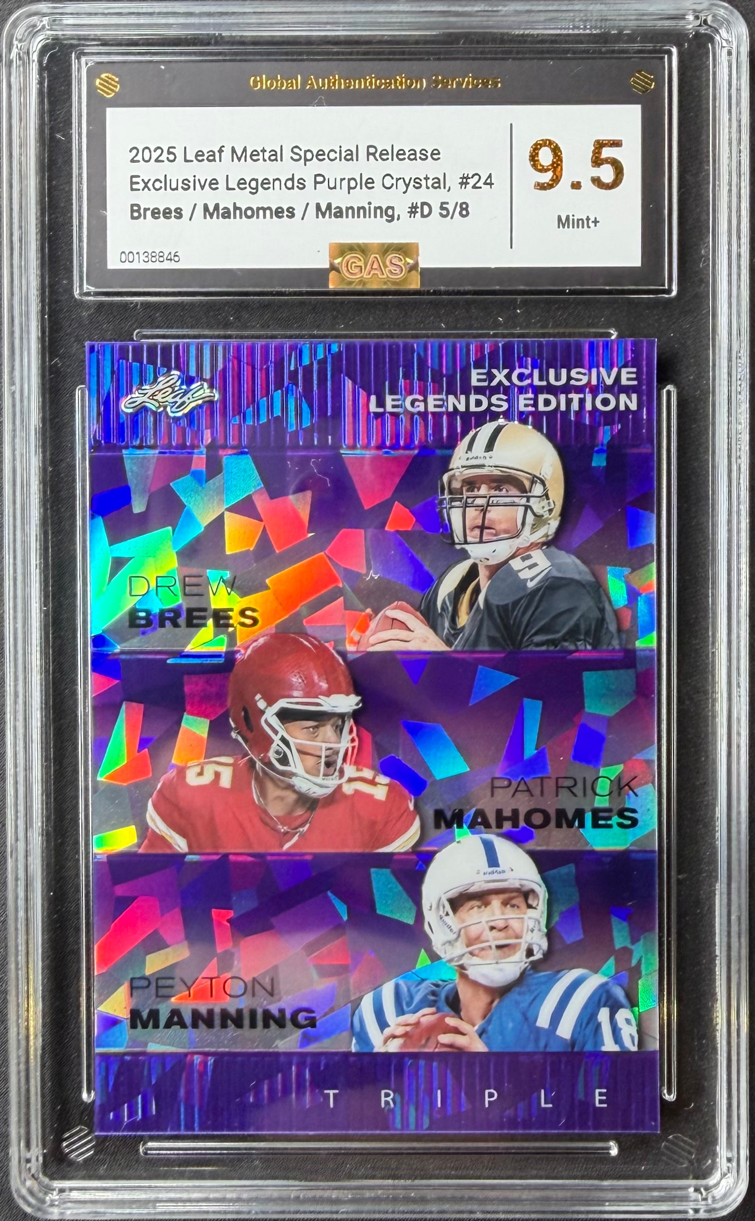 Brees / Mahomes / Manning #24 [#5/8] 2025 Leaf Metal Special Release Exclusive Legends [Purple Crystal] - GAS 9.5