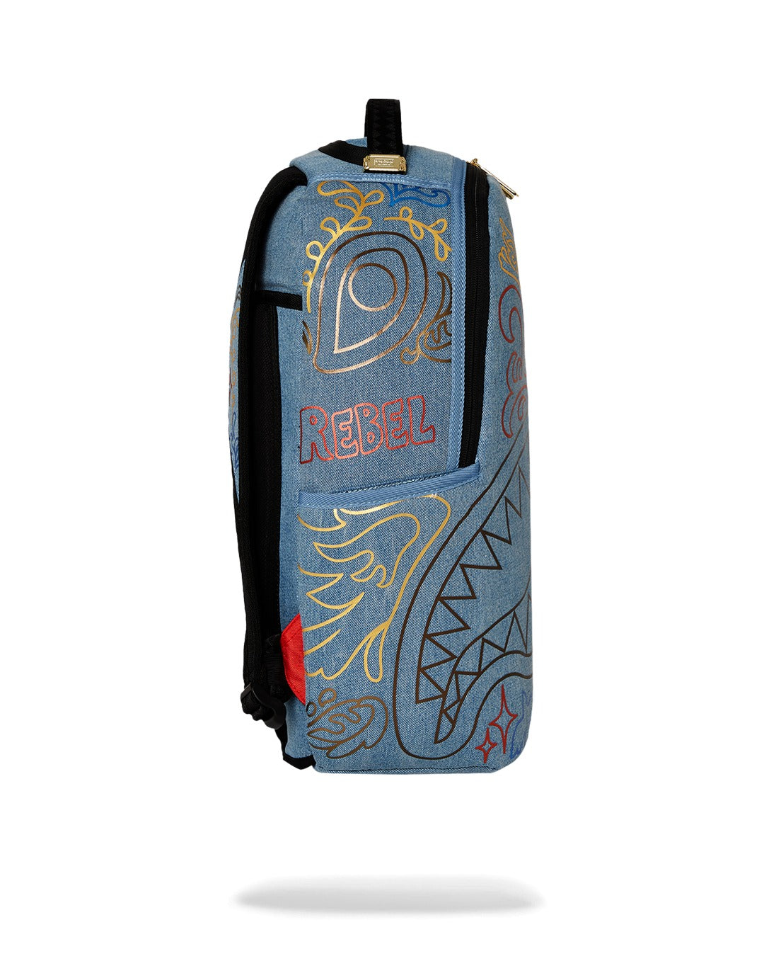 SPRAYGROUND METALLIC PRINTED DENIM SHARK DLXSV BACKPACK