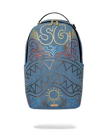 SPRAYGROUND METALLIC PRINTED DENIM SHARK DLXSV BACKPACK