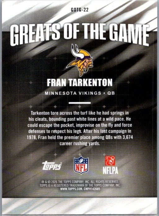 Fran Tarkenton #GOTG-22 2026 Topps Flagship Greats Of The Game