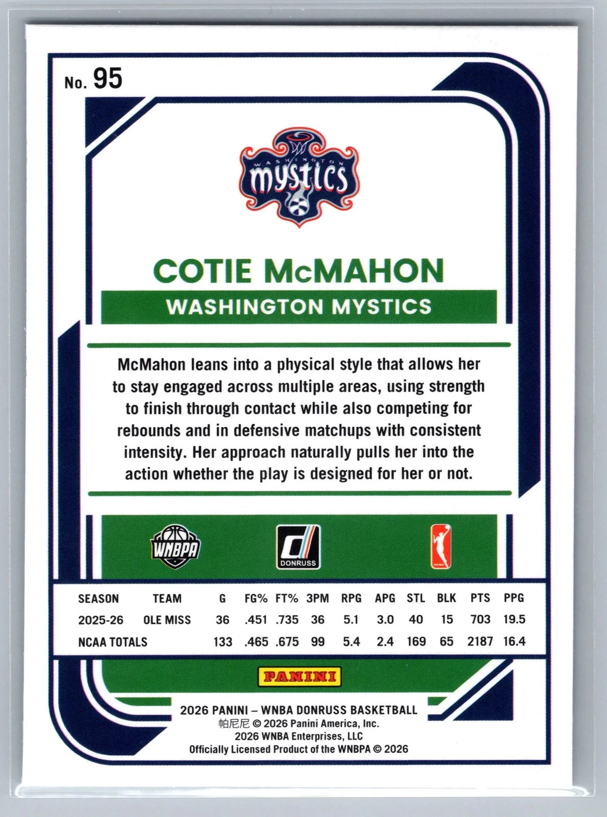 Cotie McMahon #95 [Rookie] 2026 Panini Donruss WNBA